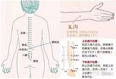 大肠俞穴、天枢穴、支沟穴、上巨虚穴