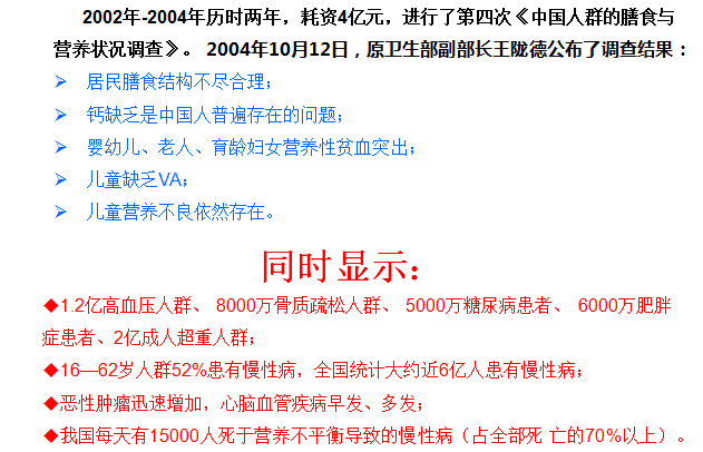 卫生部公布了第四次《中国人群的膳食与营养状况调查》